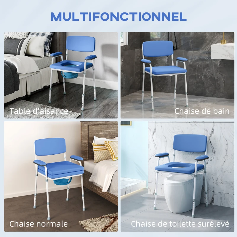 HOMCOM Chaise percée toilette multifonctions seau amovible hauteur réglable avec dossier siège et accoudoirs rembourrés bleu