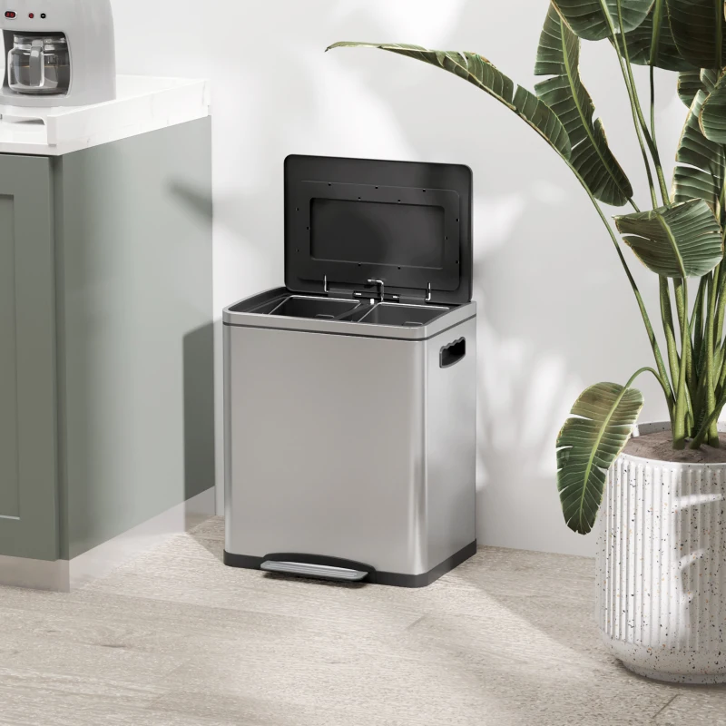 HOMCOM Küchenmülleimer 2 Fächer mit 2 x 15L, mit Pedal, aus Edelstahl, leiser Schließdeckel