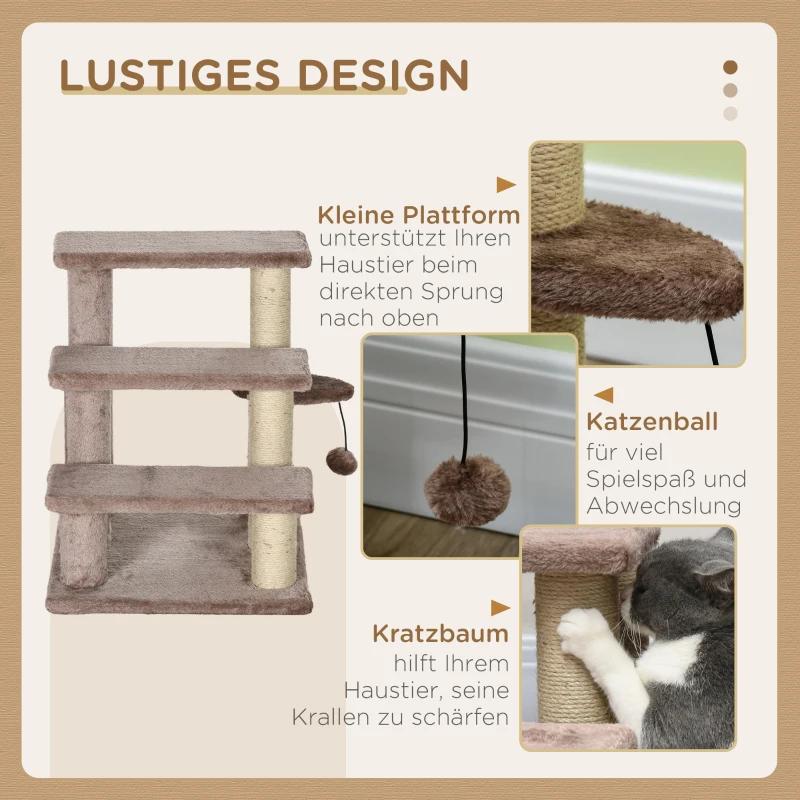 PawHut Kratzbaum, Haustiertreppe, 3 Stufen, Spielball, bis 5 kg, 45x40x48cm, Braun