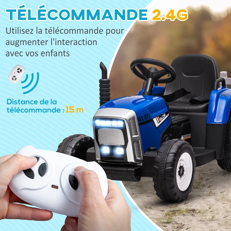 HOMCOM Tracteur électrique avec remorque amovible, pour enfants de 3 à 6 ans avec télécommande MP3 musique affichage lumières