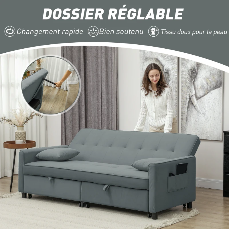 HOMCOM Canapé convertible 3 places canapé-lit clic-clac réversible avec dossier réglable et coussins, 196 x 90 x 89 cm, gris(m-5)