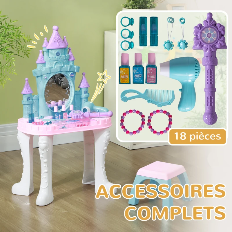 AIYAPLAY Ensemble de coiffeuse pour enfants 18 PCS avec miroir et tabouret, design château avec lumière, musique, sèche-cheveux