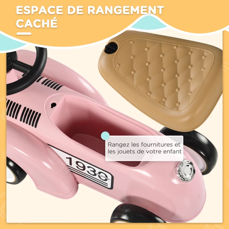 AIYAPLAY Porteur enfants voiture véhicule à pousser multi-équipée 12-36 mois coffre klaxon style vintage rose(m-6)