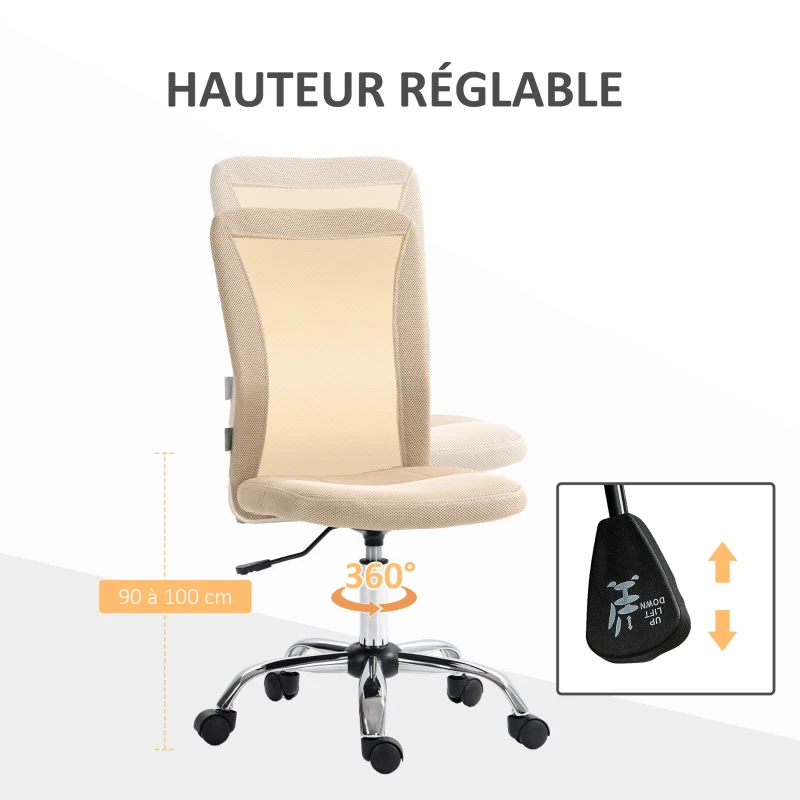 Vinsetto Chaise de bureau ergonomique hauteur réglable piètement chromé pivotant 360° revêtement maille beige