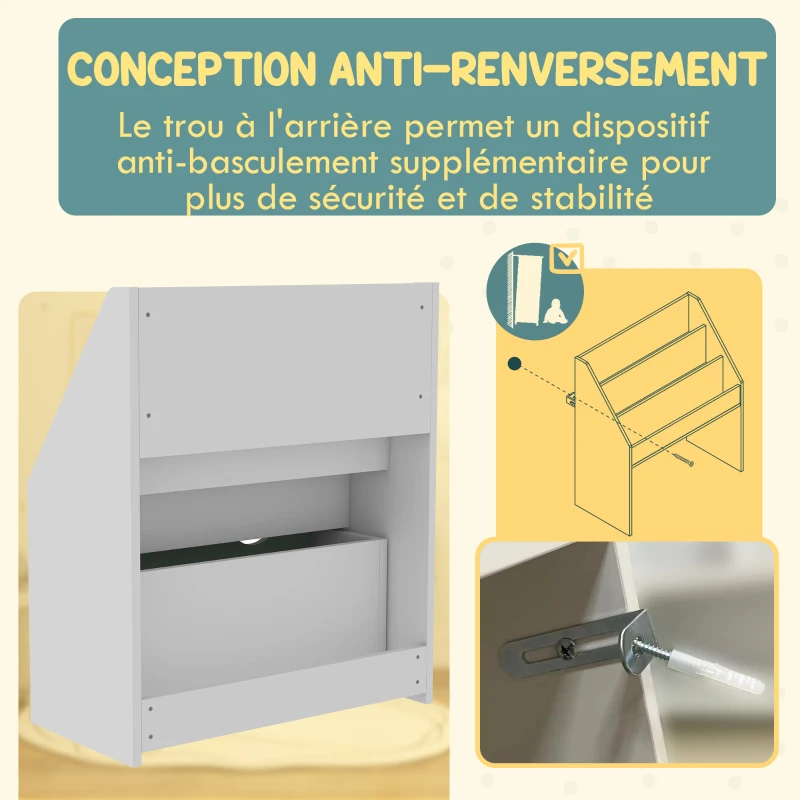 AIYAPLAY Bibliothèque pour enfants Multi-Rangement avec 3 niveaux d'étagères et un tiroir, 62,5L x 30l x 70H cm, vert