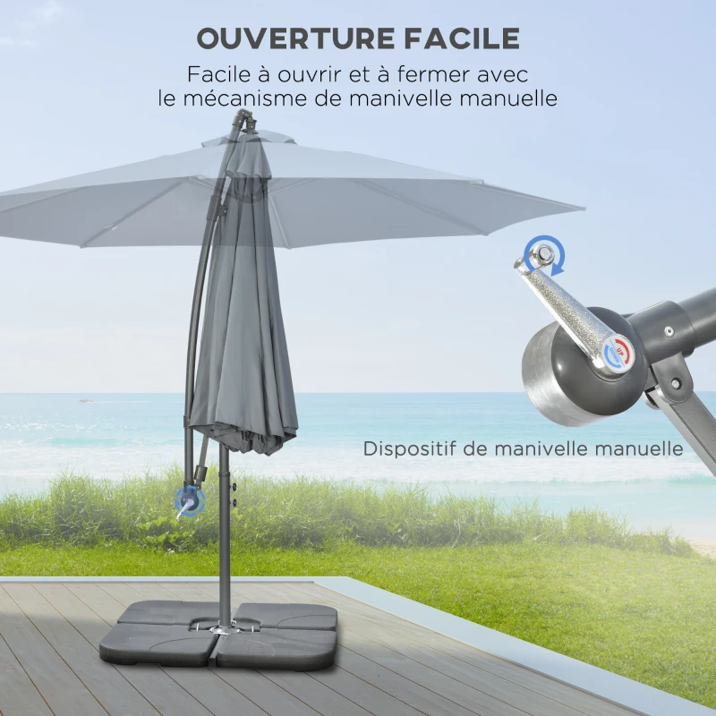 Outsunny Parasol déporté octogonal rabattable diamètre 3 m parasol de jardin avec pied en croix gris foncé