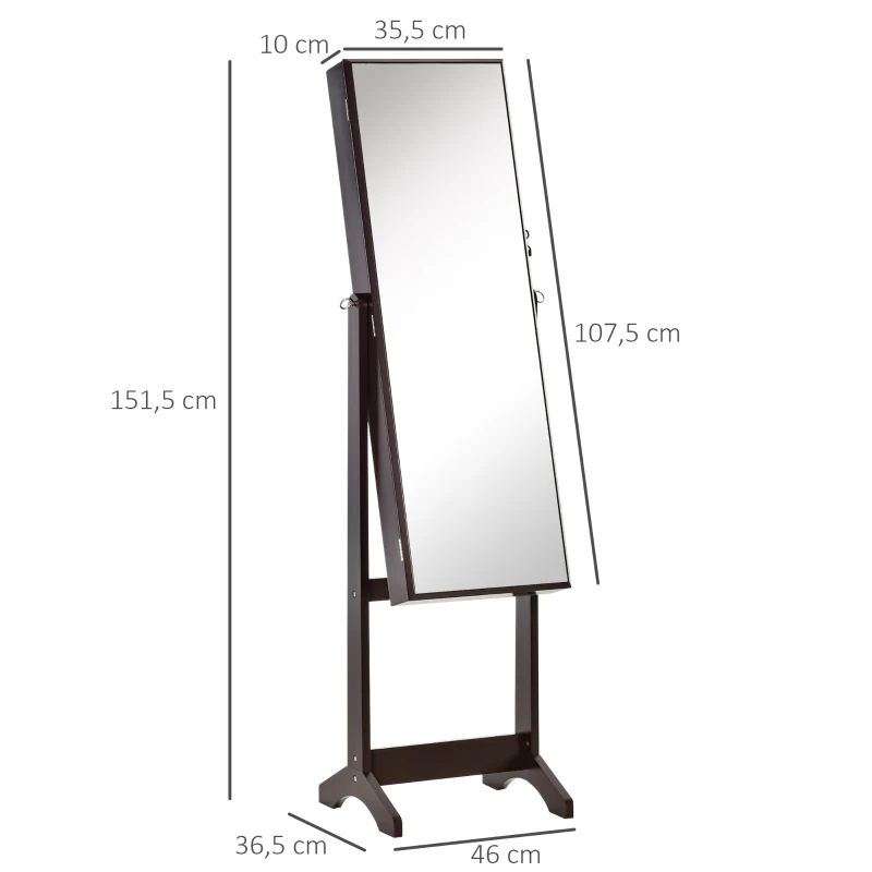 HOMCOM Armoire à Bijoux avec Miroir à Pied Multi-Rangement Inclinaison réglable Serrure dim. 46L x 36,5l x 151,5H cm Marron