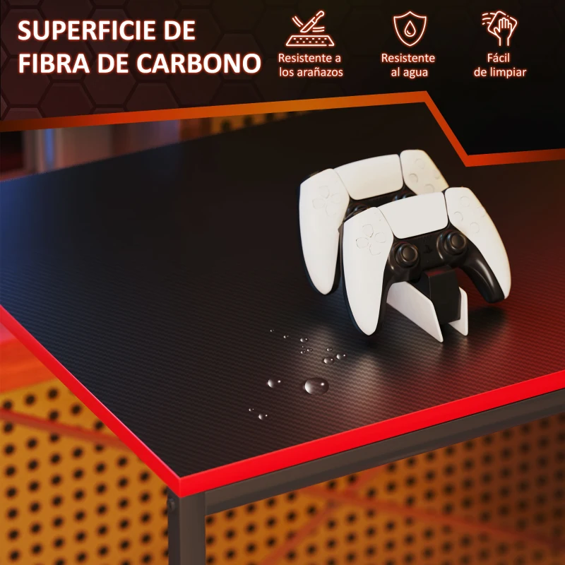 HOMCOM Escritorio Gaming de Fibra de Carbono con Luces LED 110x50 cm Tomas de Corriente Estantes y Control Remoto Negro