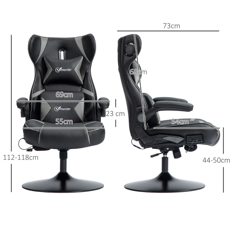Vinsetto Fauteuil de gaming avec fonction bascule et haut-parleurs, soutien lombaire et cervical, pour salle de jeux, similicuir, Gris+Noir