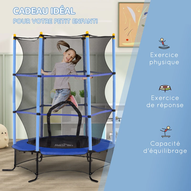 HOMCOM Trampoline Enfant Ø 1,63 × 1,9H m Filet de sécurité Porte zipée Couvre-Ressorts 6 poteaux rembourrés Inclus Bleu
