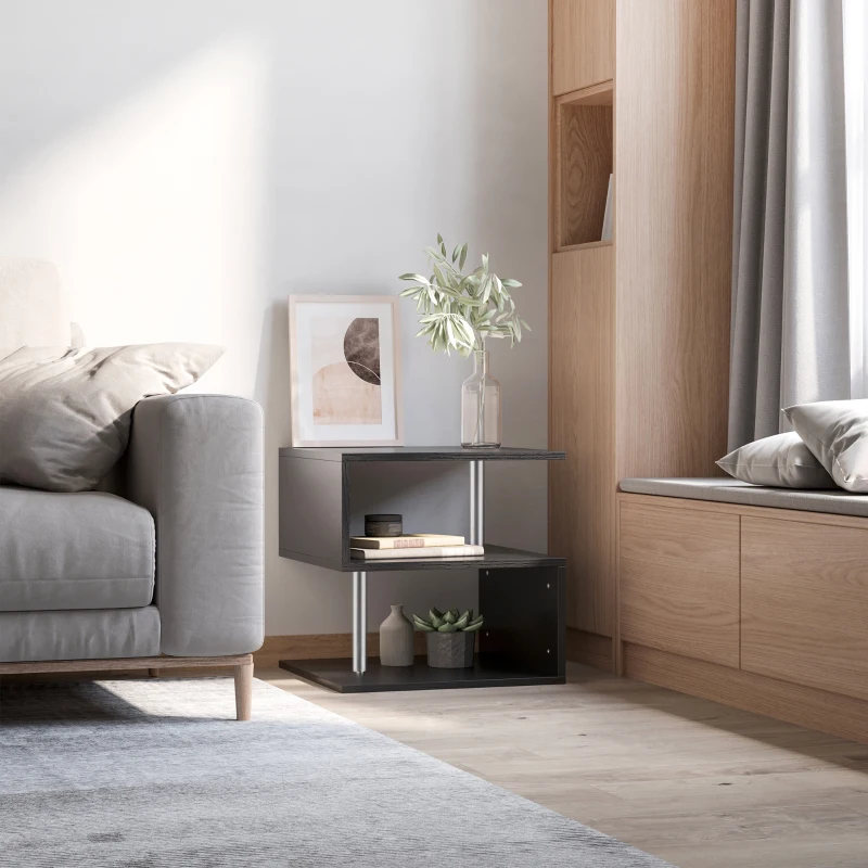 HOMCOM Tavolino Basso Da Salotto, Tavolino da Salotto Bianco, Design Moderno, Superficie Ampia, Due Ripiani, Forma S, in Legno e Ferro, 50 x 50 x 50cm, Nero