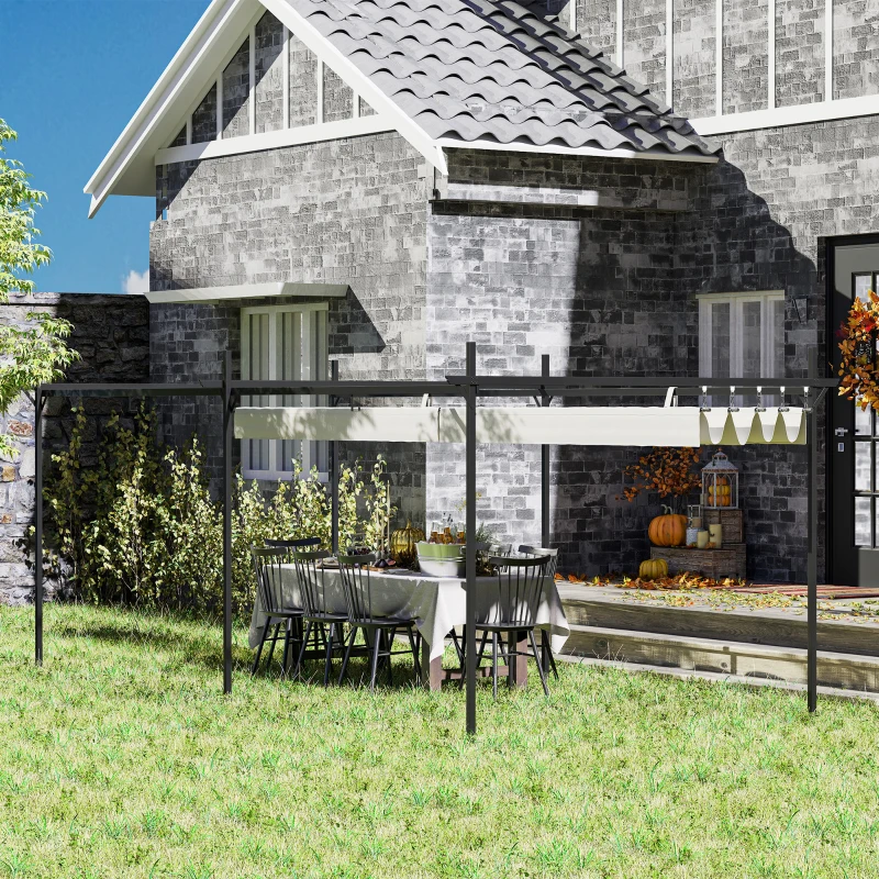 Outsunny Pérgola com Teto Retrátil de Alumínio 588x297x230 cm Pérgola com Tecido de Poliéster Anti UV Pérgola de Jardim Creme
