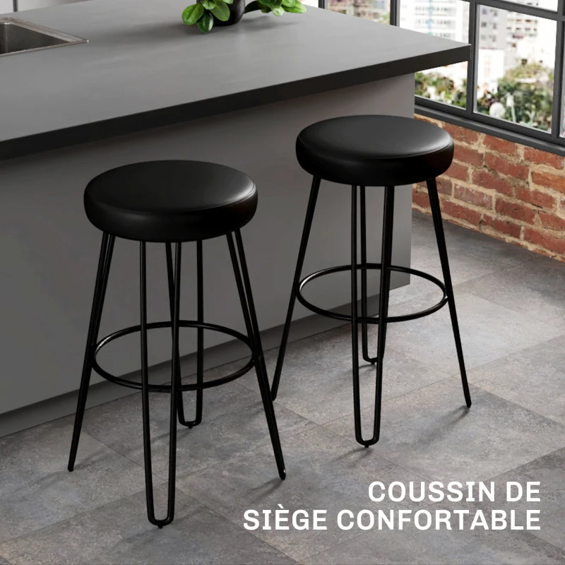HOMCOM Lot de 2 tabourets de bar chaises de bar style industriels avec repose-pieds, pieds en U, siège rembourré, noir