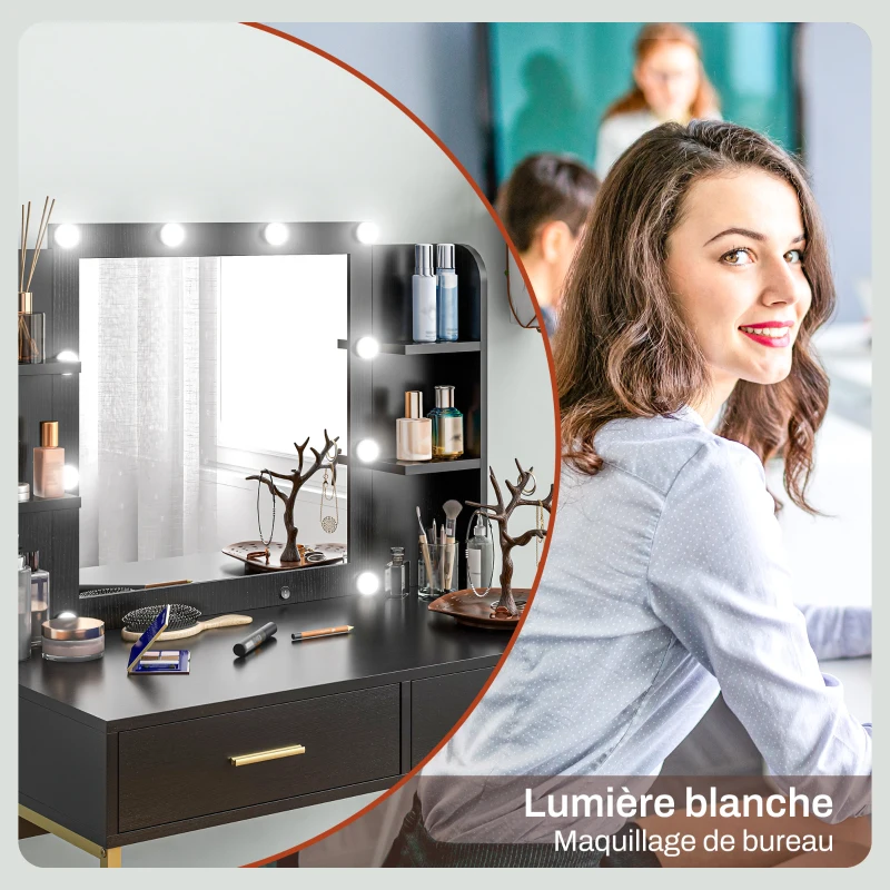 HOMCOM Coiffeuse avec miroir et éclairage intégré, tabouret rembourré, 2 tiroirs, étagères, coiffeuse moderne, noir