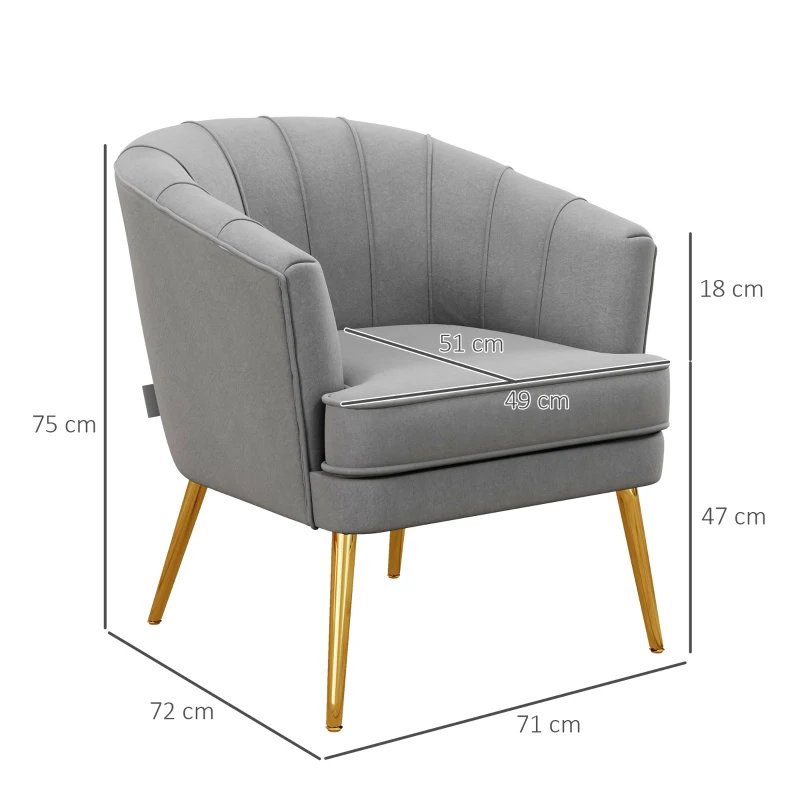 HOMCOM Poltrona in Velluto Imbottita con Gambe Dorate in Poliestere e Acciaio, 71x72x75cm, Grigio