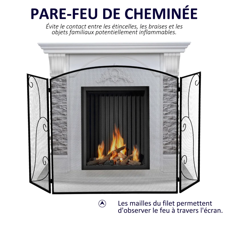 HOMCOM Pare-feu pour cheminée ou poêle design élégant Pare-étincelles 3 Volets Pliables dim. 132,5L x 76,5H cm Acier métal Noir