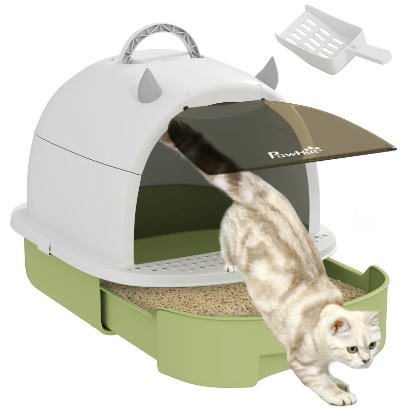 PawHut Caixa de Areia para Gatos Fechada com Tampa e Bandeja Amovíveis Filtro de Carvão e Pá 40,5x52x39 cm Branco e Verde