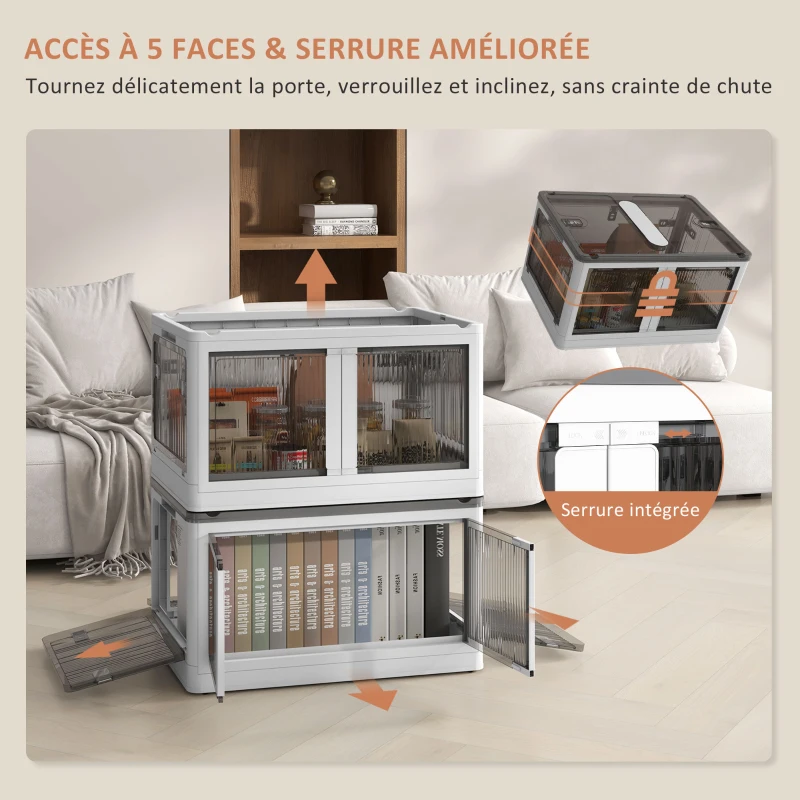 HOMCOM Boîtes de rangement pliables et empilables 69L en plastique avec couvercle et 4 roulettes, accès à 5 côtés, blanc