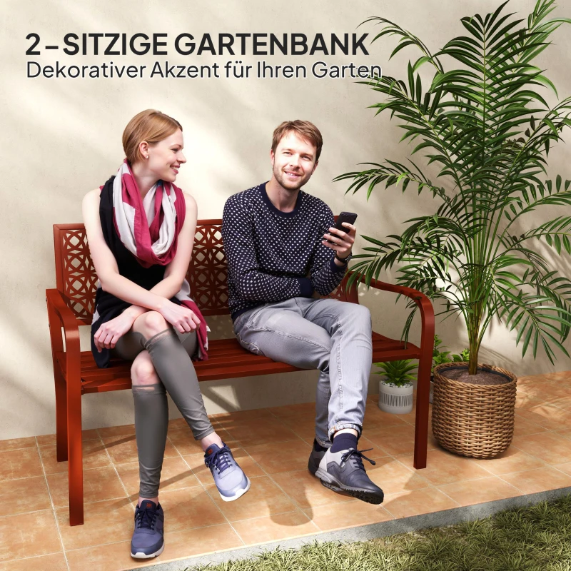 Outsunny Außenbank, Gartenbank aus Stahl, Ausgeschnittene Rückenlehne, Armlehnen, für 2 Personen, Rot
