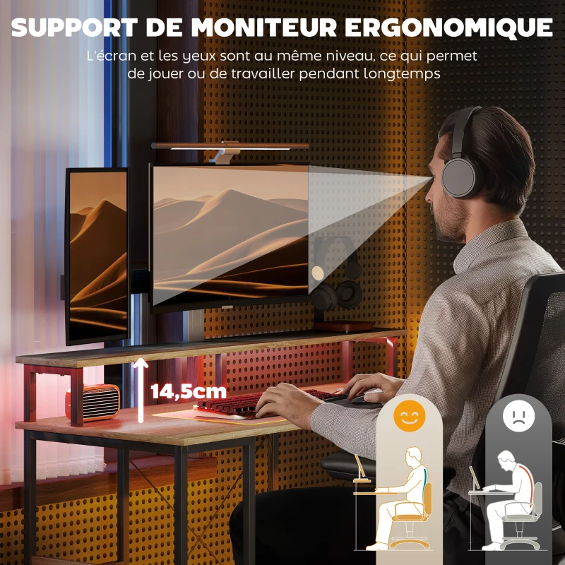 HOMCOM Bureau d'ordinateur 120 cm bureau avec rangement avec lumières LED, étagères de rangement, support d'écran, naturel