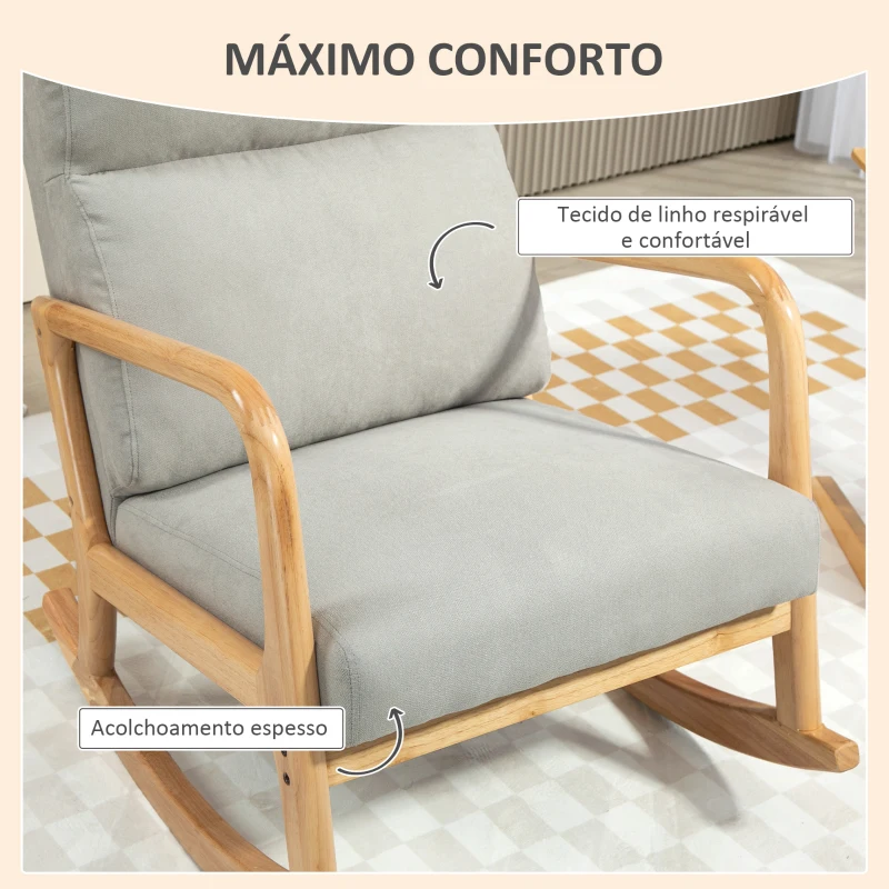 HOMCOM Poltrona Baloiço Estofada em Linho com Pés de Madeira de Borracha e Apoio para os Braços 65x87x94,5 cm Cinza