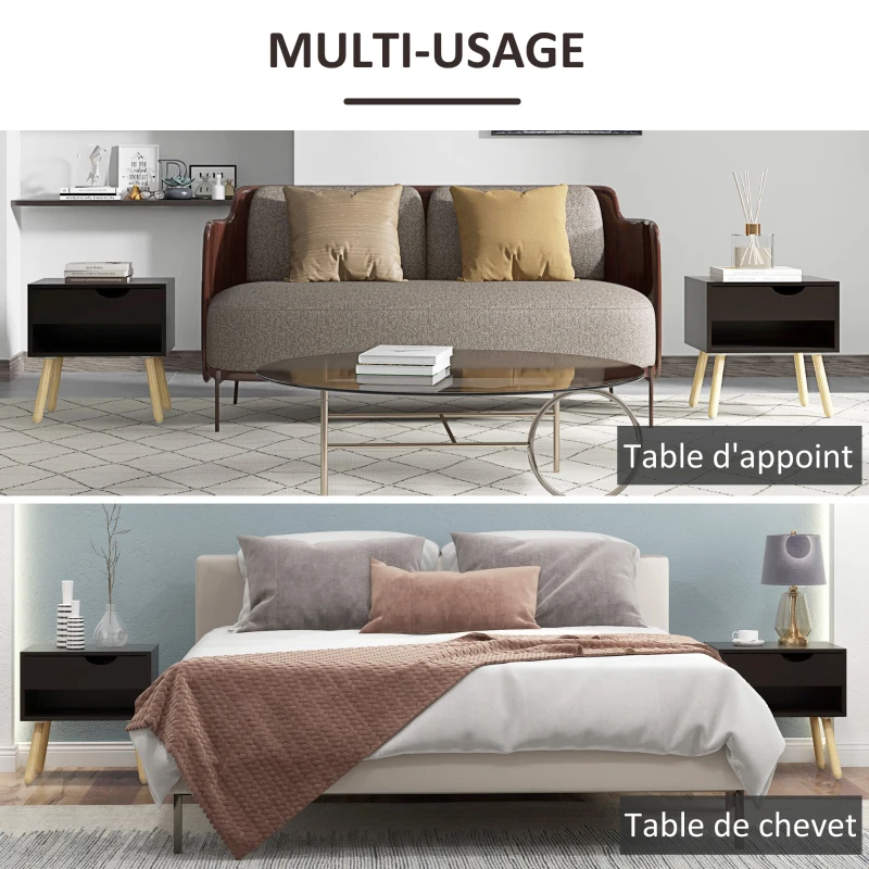 HOMCOM Lot de 2 tables de chevet tables de nuit avec tiroirs pieds en bois massif moderne 50 x 39 x 51 cm noir et bois naturel