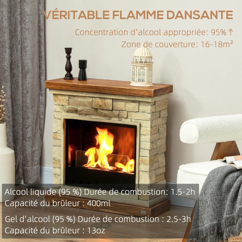 HOMCOM Cheminée au bioéthanol brûleur 400 ml durée de combustion de 3 heures avec verre de protection marron
