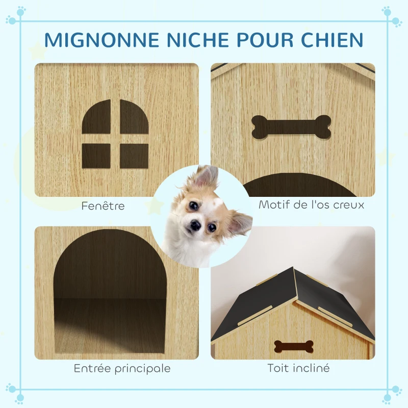 PawHut Niche pour chien intérieur maison chien intérieur en bois avec motifs d'os creux fenêtre 47 x 57 x 58 cm chêne