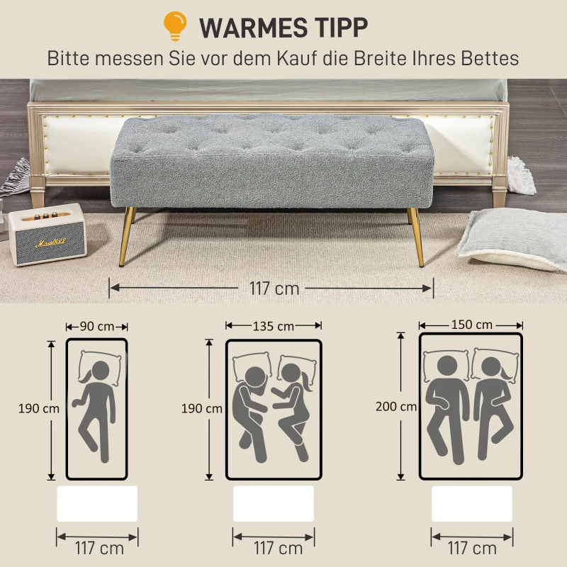 HOMCOM Bettbank, Sitzbank, weicher Bezug in Lammwoll-Optik, bis 120 kg, vergoldete Stahlbeine, 112x41x46cm, Grau