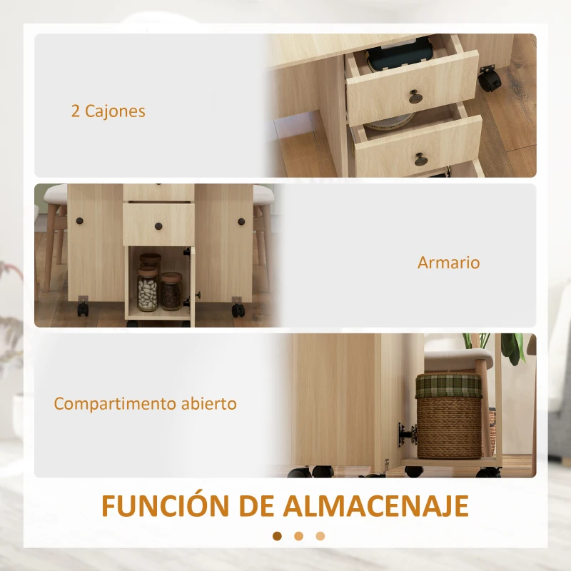 HOMCOM Mesa Plegable con Ruedas y Alas Abatibles Mesa Auxiliar Multifuncional con Almacenaje 120x60x76,5 cm Natural