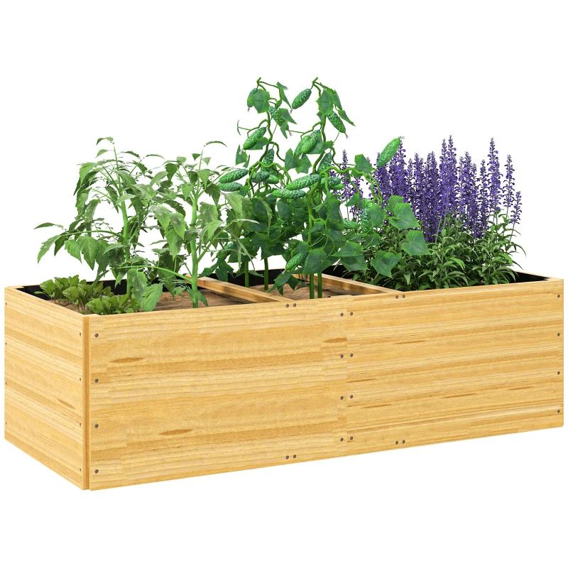 Outsunny Jardinière extérieur, carré potager en bois, 3 compartiments de plantation et doublure inclus, 140x60x40cm, naturel