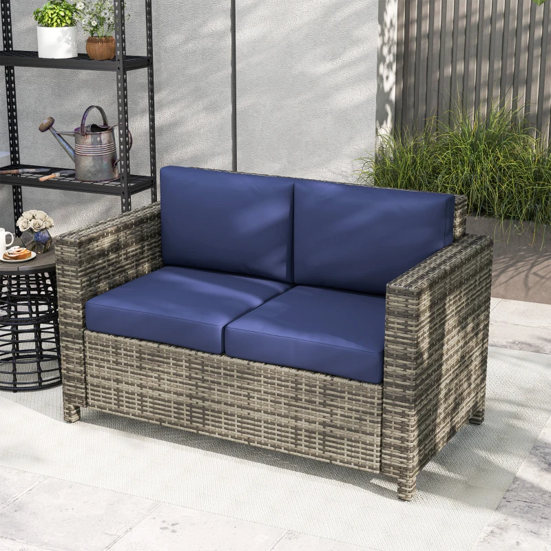 Outsunny Rattan Sofa, 2 Seater Garden Furniture with Soft Padded Cushion and Armrests, Wicker Garden Loveseat for Patio, Navy Blue