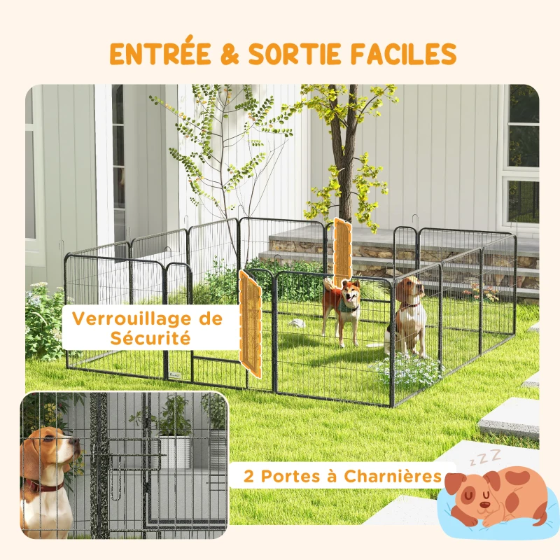 PawHut Parc enclos modulable acier époxy porte verrouillable pour chiens petits animaux intérieur et extérieur 80 x 80 cm gris