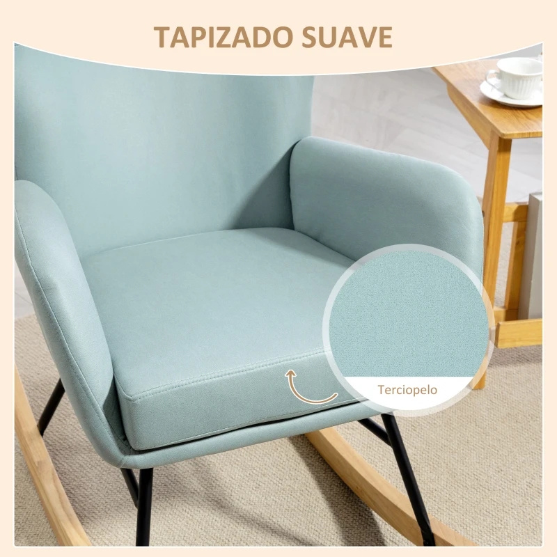 HOMCOM Mecedora Tapizada en Tejido Técnico con Patas de Madera de Haya Respaldo con Diseño Curvo y Reposabrazos Verde Claro