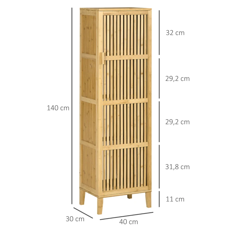 HOMCOM Bamboo Storage Cabinet with Shelves and Slatted Door Design for Bathroom Bedroom Living Room 40 x 30 x 140 cm