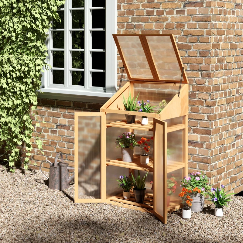 Outsunny Mini-serre, petite serre avec cadre en bois, fenêtre et double porte, 3 étagères, 70L x 50l x 120H cm, Marron