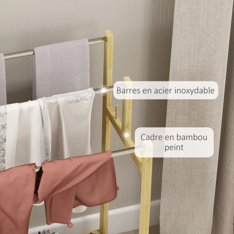 HOMCOM Porte-serviettes en bambou 3 barres avec étagère de rangement, 4 crochets et plateau amovible, 50,5lx31Px90H cm naturel