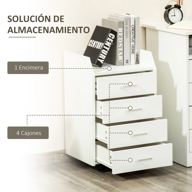 Vinsetto Cajonera de Oficina Mueble Auxiliar para Archivos con 4 Cajones Encimera Superior de Almacenaje 4 Ruedas y 2 Frenos para Estudio Despacho 40x36x65 cm Blanco