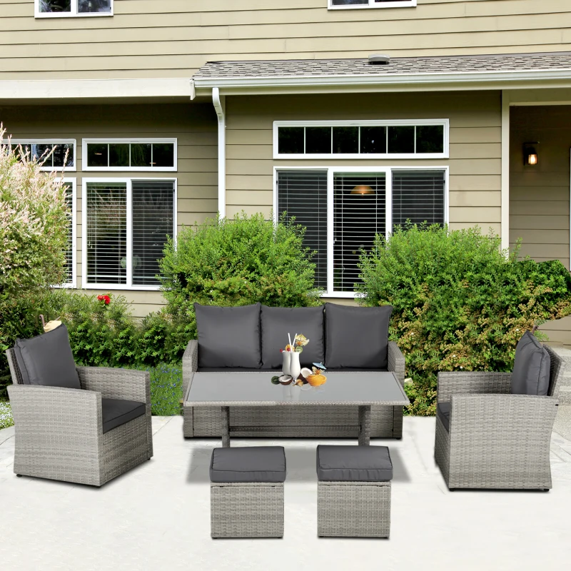 Outsunny Six-Piece Rattan Sofa Set, with Glass-Top Table - Mixed Grey