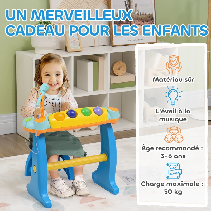 AIYAPLAY Piano enfant électronique 37 touches, avec micro, tabouret, lumière LED, fonction d'enregistrement et de relecture