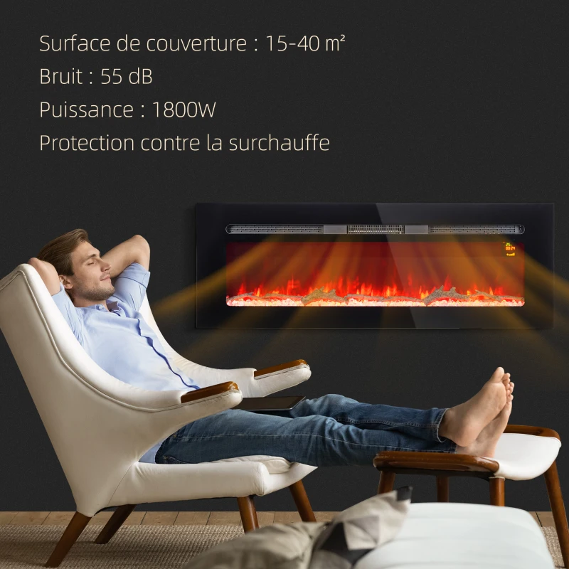 HOMCOM Cheminée électrique 1800 W avec effet flamme en LED 3 couleurs et 5 luminosités, montage mural/encastrable