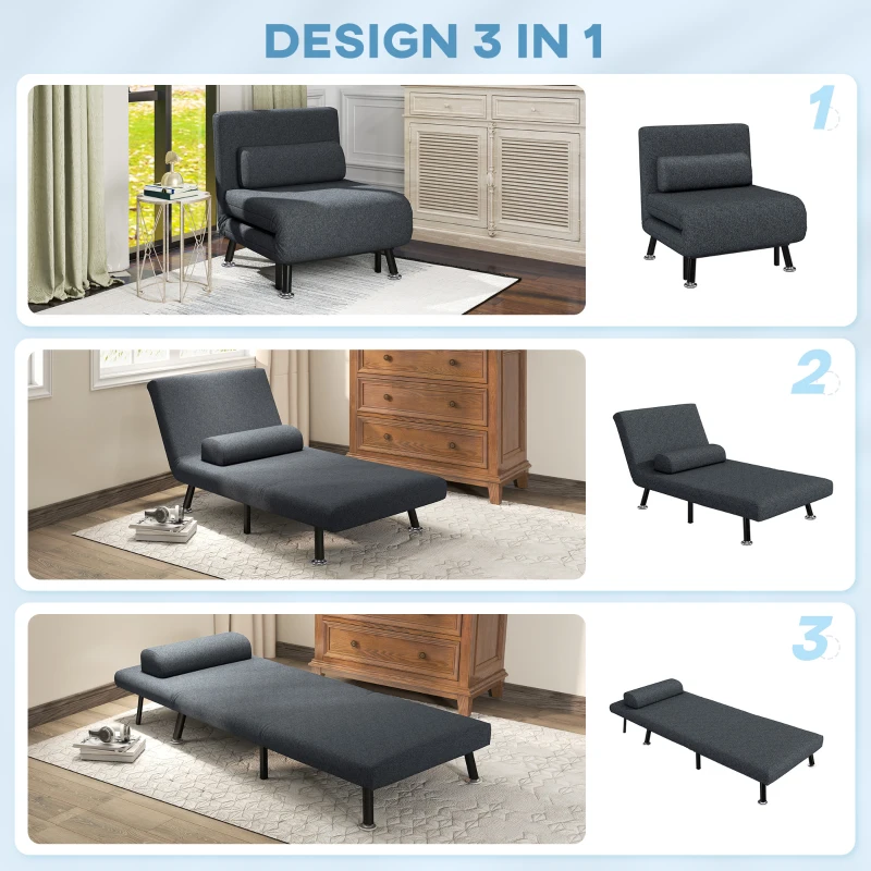 HOMCOM Poltrona Letto 3 in 1 con Schienale Regolabile e Cuscino, in Tessuto Effetto Lino e Acciaio, Grigio Scuro