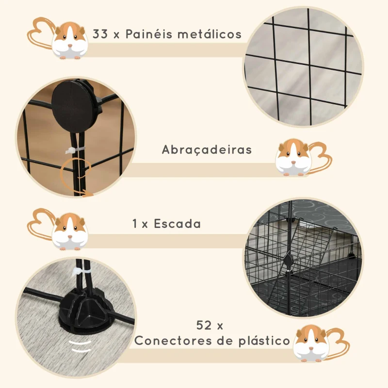 PawHut Recinto para Pequenos Animais Recinto Metálico para Animais com Forma Personalizável para Coelhos Porquinho da Índia 175x105x70 cm Preto
