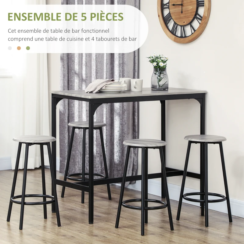 HOMCOM Ensemble table haute et 4 tabourets avec Repose-Pieds, métal noir et aspect bois pour cuisine salle à manger