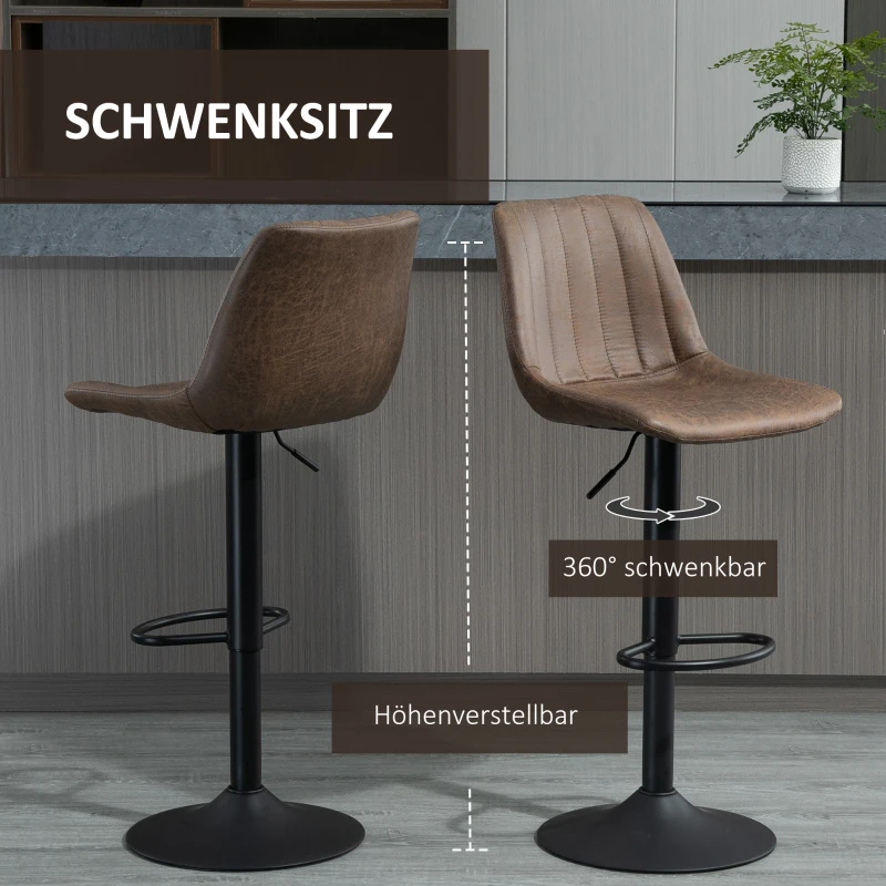 HOMCOM 2er-Set Barhocker im Retrodesign, inkl. Fußstütze, höhenverstellbar, Gaslift, Braun + Schwarz