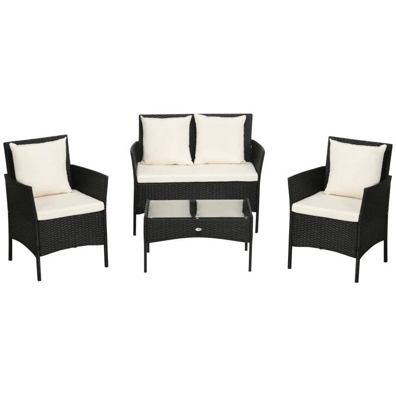 Outsunny Conjunto de Jardín de Ratán Sintético con 2 Sillones 1 Sofá de 2 Plazas 1 Mesa de Centro y Cojines Negro y Crema