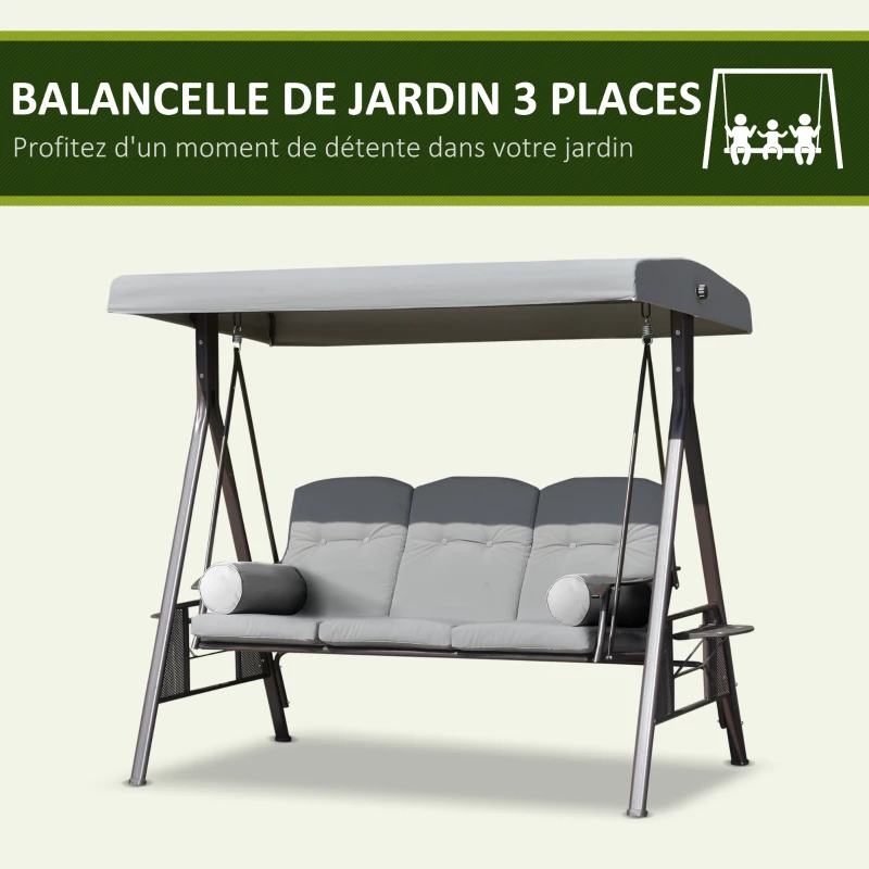 Outsunny Balancelle de jardin 3 places toit inclinaison réglable coussins plateaux 116 x 206 x 183 cm polyester gris clair