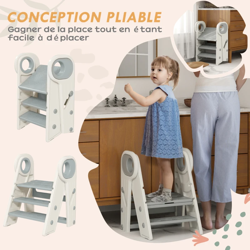 AIYAPLAY Marche pied pour enfant 3 marches, marchepied de cuisine pour enfant, pliable, hauteur ajustable de 2 à 3 marches, gris