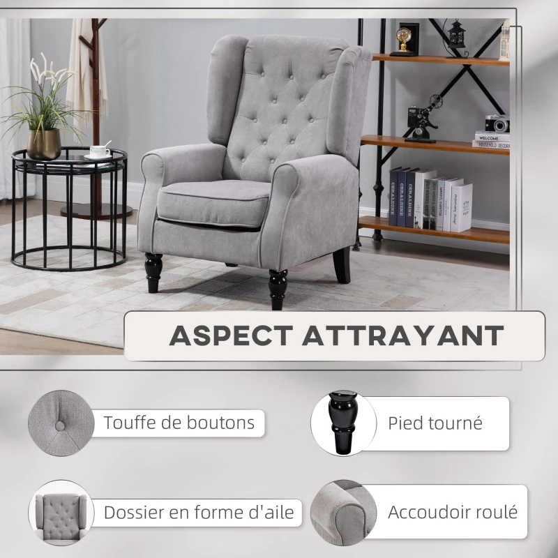HOMCOM Fauteuil de salon capitonné avec assise large, pieds en bois, style classique, grand confort, 74 x 86 x 102 cm, gris(m-4)
