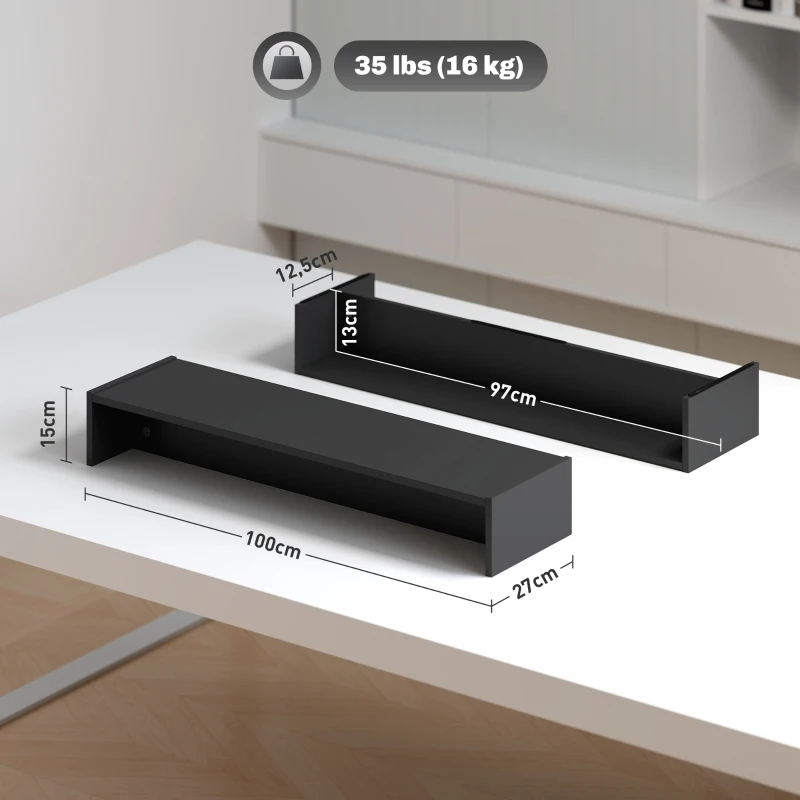 HOMCOM Rehausseur écran PC bureau support d'écran d'ordinateur de 100 cm support moniteur avec deux compartiments, noir